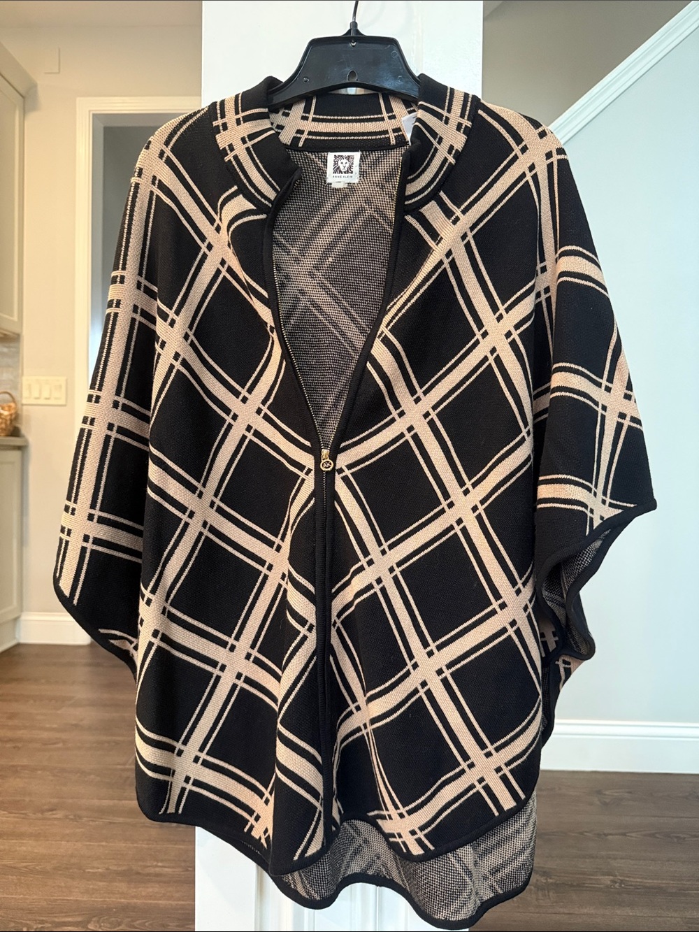 RARE Anne Klein Black Camel Lattice Plaid  Zip-Front Mock Neck Poncho Sweater S